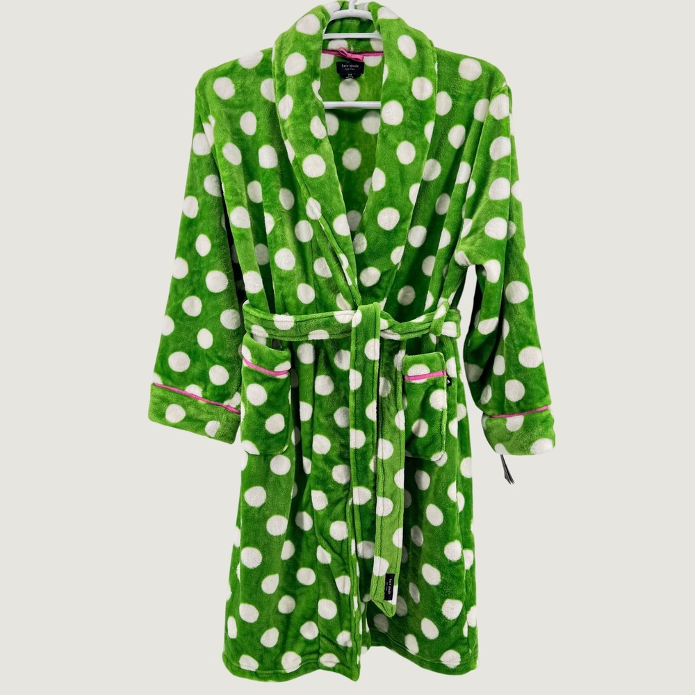 NEW Kate Spade Robe Womens M Green Polka Dot Plush Fleece Belted Pockets